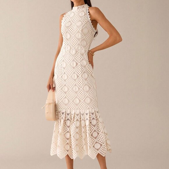 Apricot Elegant Women's Sleeveless Crochet Lace Midi Dress - Picture 5 of 8